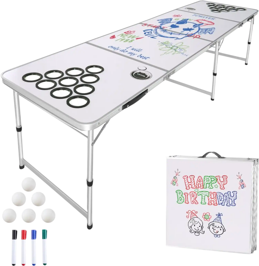 VEVOR 8 Foot Portable Beer Pong Table, Folding Tailgate Table, Cup Holes, Dry Erase Markers and Carrying Handles, Adjustable Height, Lightweight Table for Office, Tailgate Party & Camping, White