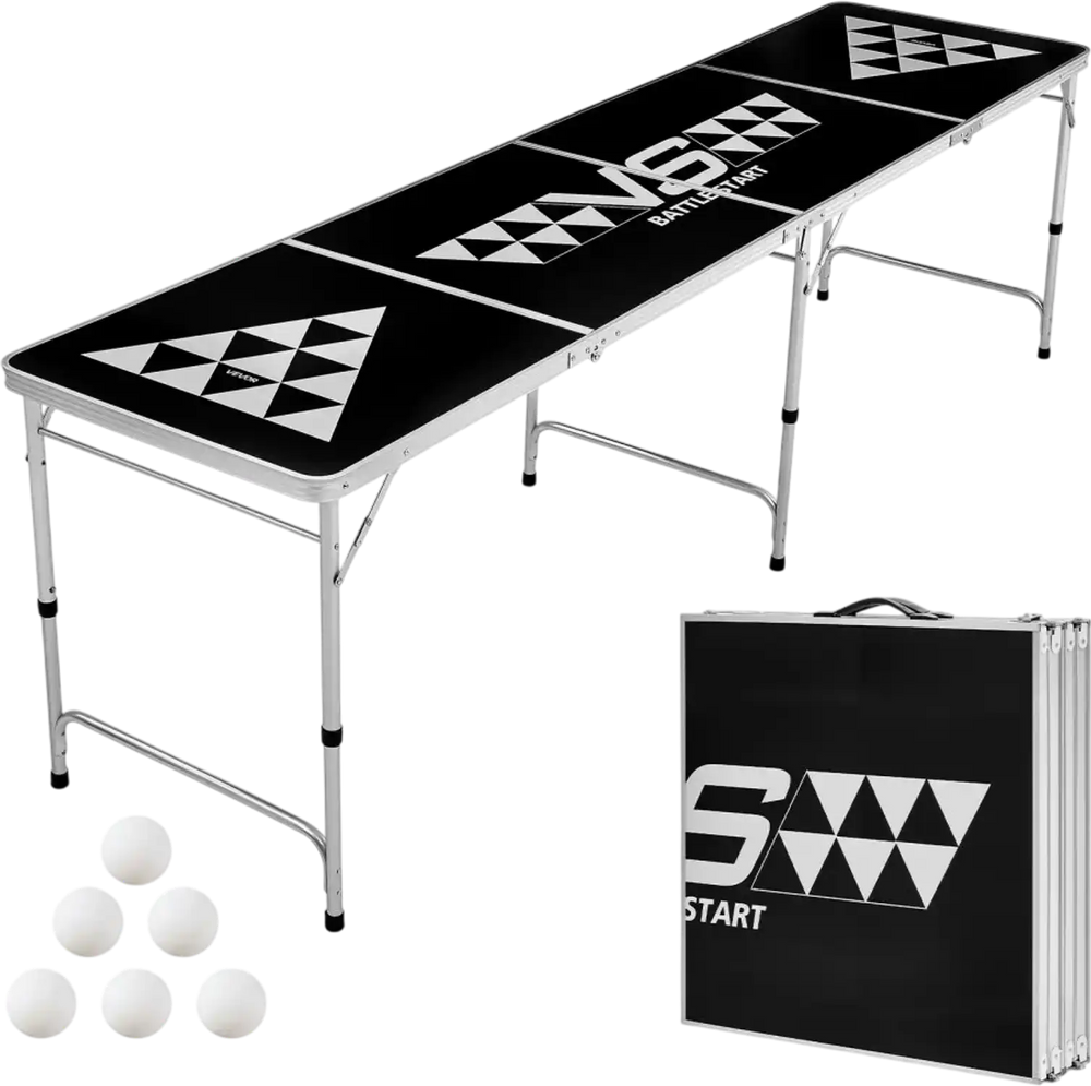 VEVOR 8 Foot Portable Beer Pong Table, Foldable Tailgate Table,Carrying Handles and 6 Pong Balls, Adjustable Height, Lightweight Table for Office, Tailgate Party, Travel and Camping, Black