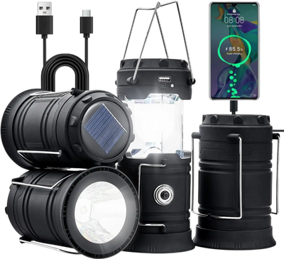 VEVOR LED Camping Lanterns, 4 Pack Rechargeable Camping Flashlights, Solar & USB Charging, Portable Collapsible, Bulit to Last Lights, As Power Bank, for Hiking, Hurricane Emergency, Outrages, Fishing