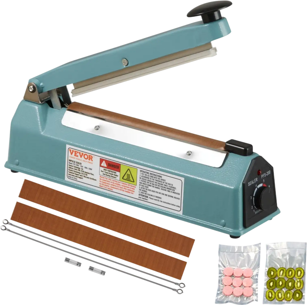 VEVOR Impulse Sealer 8 inch, Manual Heat Seal Machine with Adjustable Heating Mode, Iron Shrink Wrap Bag Sealers for Plastic Mylar PE PP Bags, Portable Poly Bag Sealing Machine with Extra Replace Kit