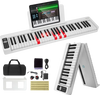 VEVOR 61 Key Folding Keyboard Piano, Bluetooth & MIDI, Portable Electronic Digital Foldable Piano with Sustain Pedal Touch Sensitive Lighted Keys Bag, Rechargeable for Beginners Teens Adults, White