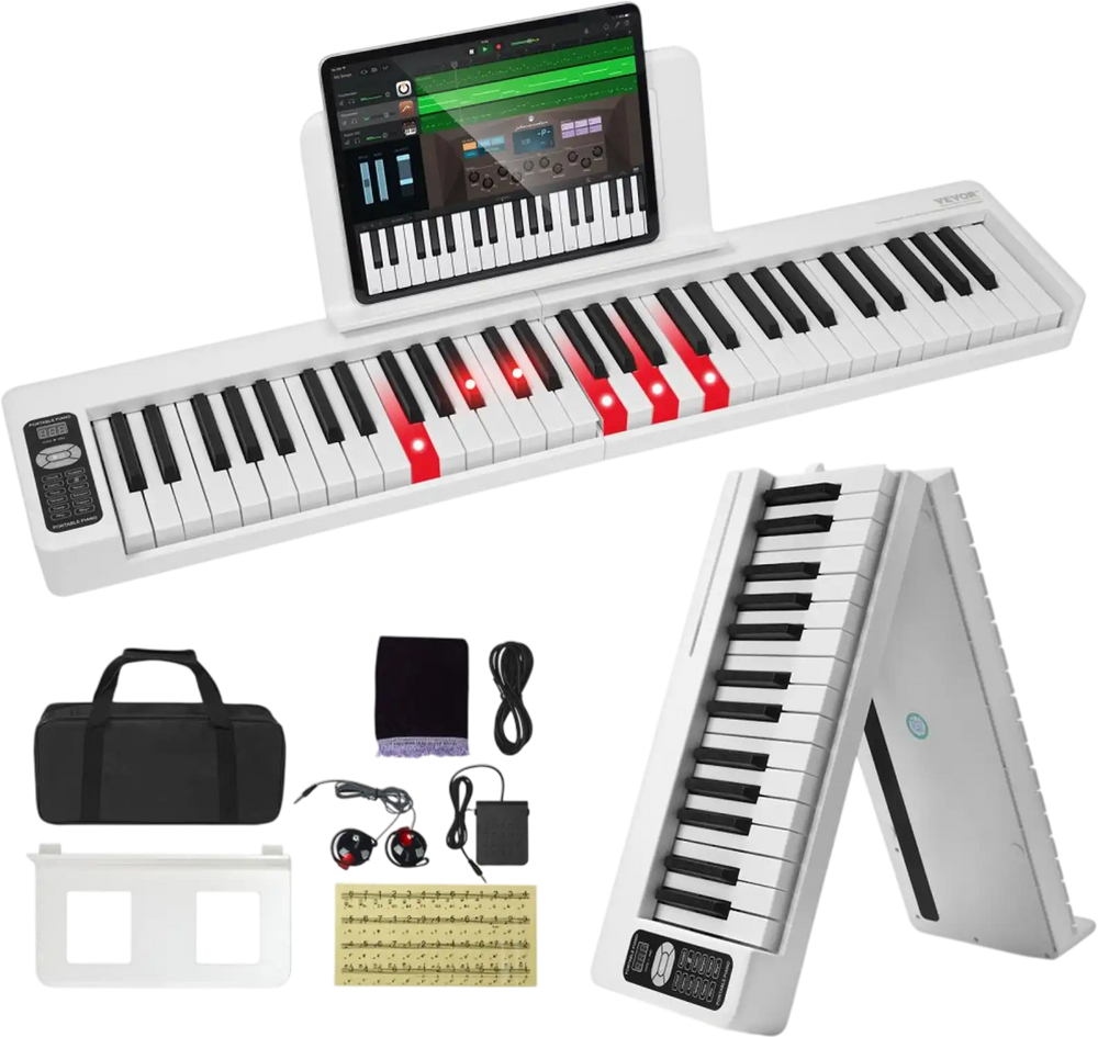 VEVOR 61 Key Folding Keyboard Piano, Bluetooth & MIDI, Portable Electronic Digital Foldable Piano with Sustain Pedal Touch Sensitive Lighted Keys Bag, Rechargeable for Beginners Teens Adults, White