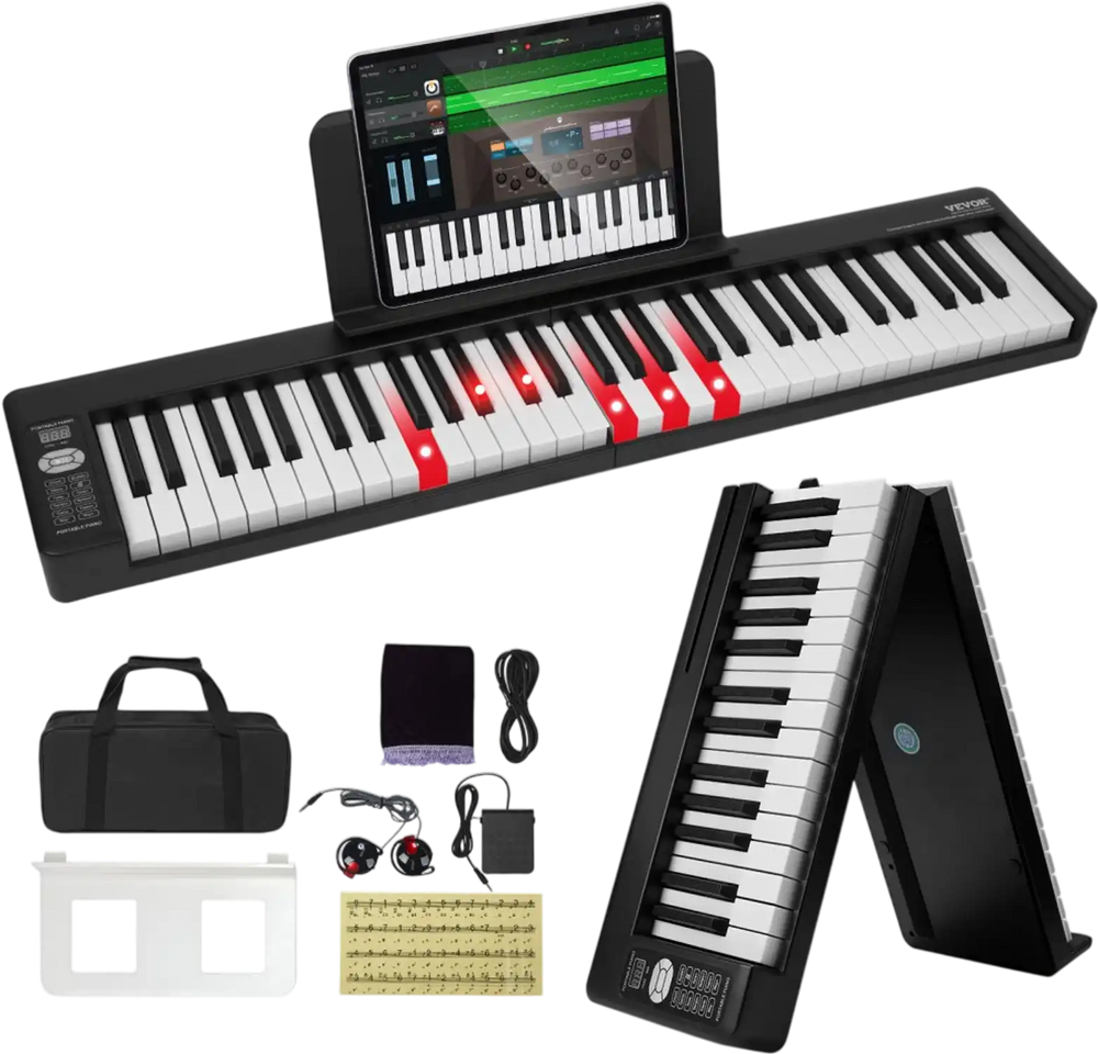 VEVOR 61 Key Folding Keyboard Piano, Bluetooth & MIDI, Portable Electronic Digital Foldable Piano with Sustain Pedal Touch Sensitive Lighted Keys Bag, Rechargeable for Beginners Teens Adults, Black