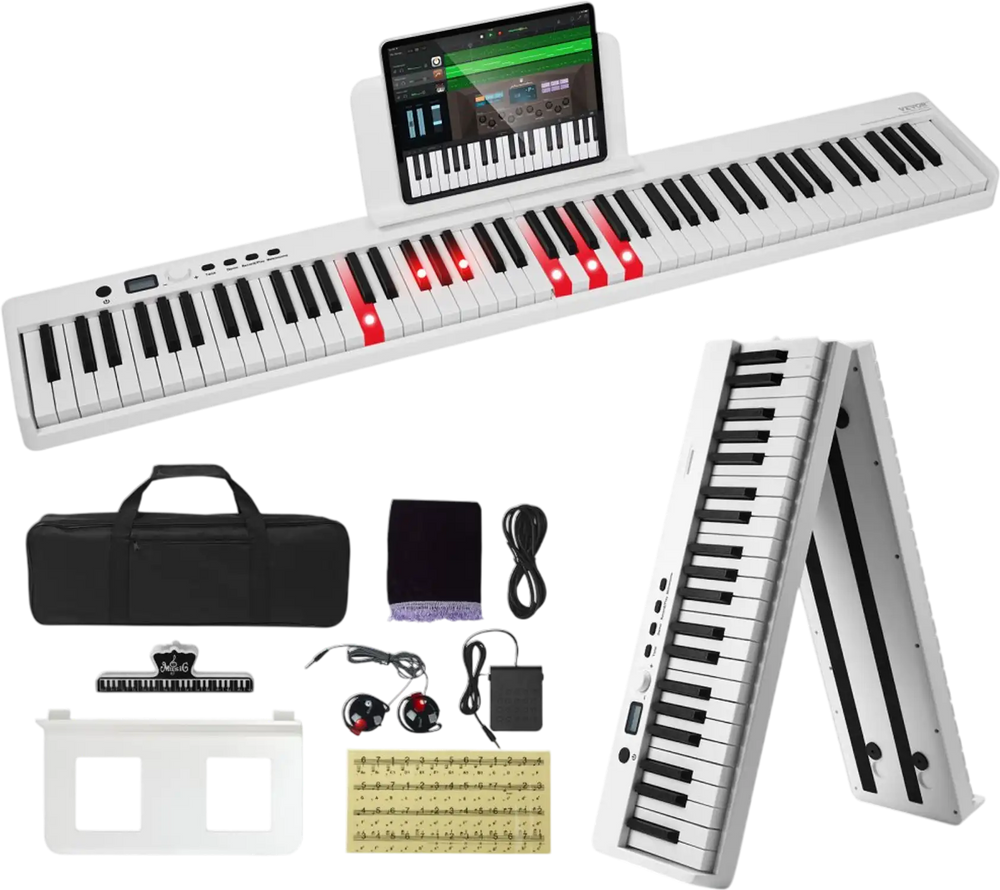 VEVOR 88 Key Folding Keyboard Piano, Bluetooth & MIDI, Portable Electronic Digital Foldable Piano with Sustain Pedal Bag Touch Sensitive Keys Headphones, Rechargeable for Beginners Teens Adults, White