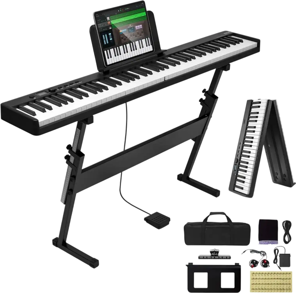 VEVOR 88 Key Folding Keyboard Piano, Bluetooth & MIDI, Portable Electronic Digital Foldable Piano with Stand Sustain Pedal Bag Touch Sensitive Keys, Rechargeable for Beginners Teens Adults, Black
