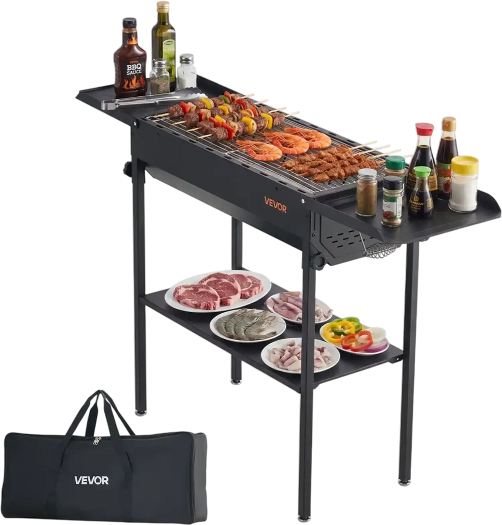 VEVOR Foldable Charcoal Grill, Portable Charcoal Barbecue Grill with Adjustable Height & Folding Side Tables, High-Temp Powder-Coated Steel Outdoor BBQ Grills for Camping Backyard Parties