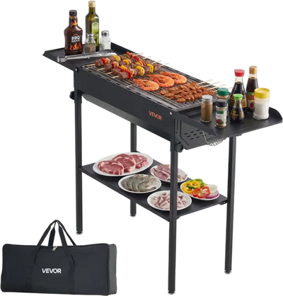 VEVOR Foldable Charcoal Grill, Portable Charcoal Barbecue Grill with Adjustable Height & Folding Side Tables, High-Temp Powder-Coated Steel Outdoor BBQ Grills for Camping Backyard Parties