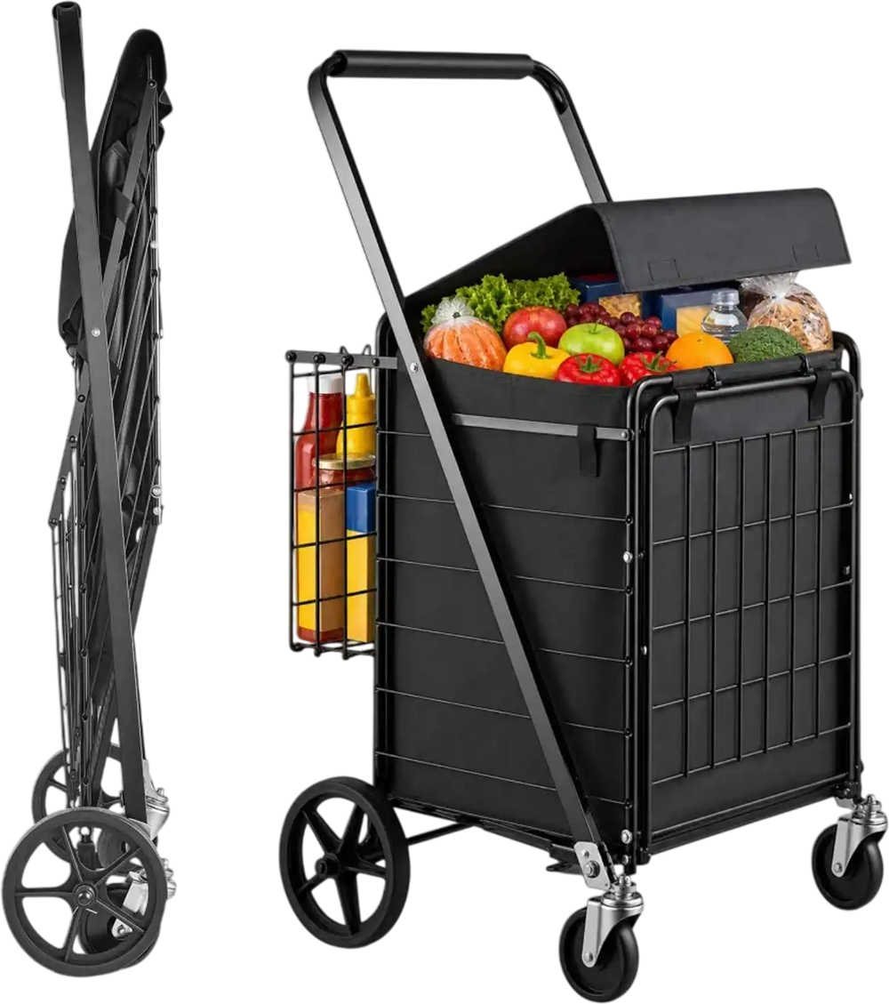 VEVOR Folding Shopping Cart, 36.7 Gal + 6.1 Gal Dual-Basket Grocery Cart, 260LBS Capacity, Large Rolling Utility Cart with Waterproof Liner & 360° Swivel Wheel for Laundry, Shopping, Camping, Grocery