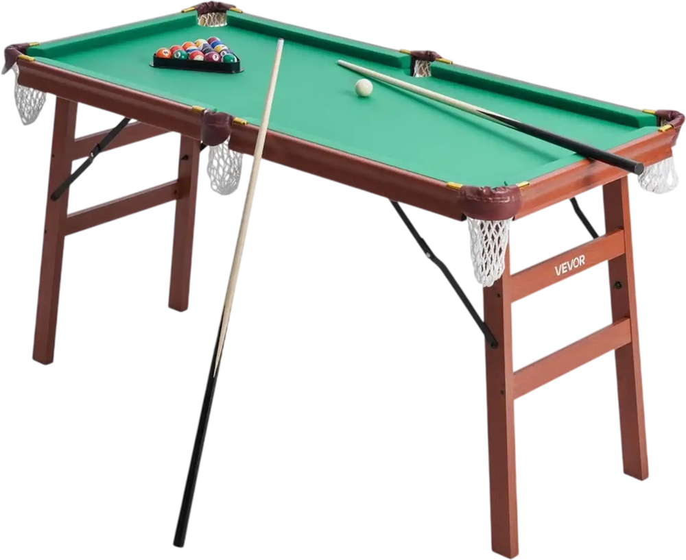 VEVOR Folding Pool Table, 4.5 ft Portable Billiards Tables, Foldable Space-Saving Entertainment Game Set Includes Ball, Cue, Rack, Chalk, Brush, Brown with Bule Cloth, for Family Use, Recreation Room
