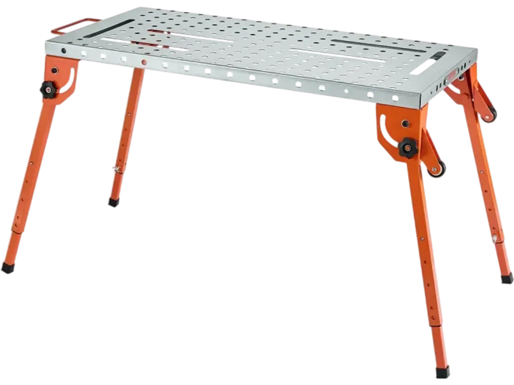 VEVOR Foldable Welding Table 44" x 21", 500LBS Capacity Welding Workbench with 4-Level Adjustable Height, Carbon Steel Work Bench with 6 Tool Slots & 0.63" Fixture Holes for Welding Assembly Repair