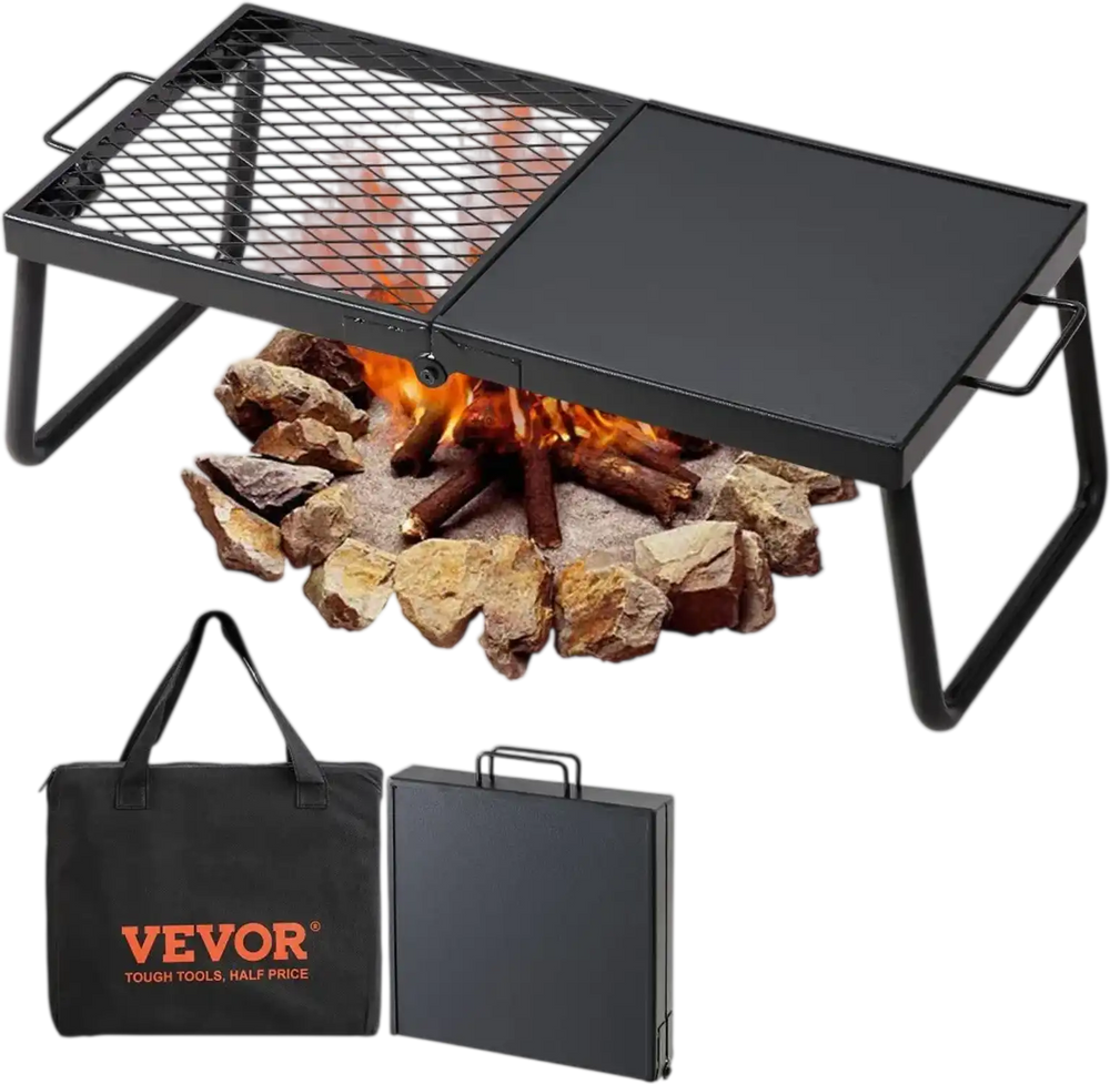 VEVOR Folding Campfire Grill, Heavy Duty Steel Mesh Grate, 22.4" Portable Camping Grates Over Fire Pit, Camp Fire Cooking Equipment with Legs Carrying Bag, Grilling Rack for Outdoor Open Flame Cooking