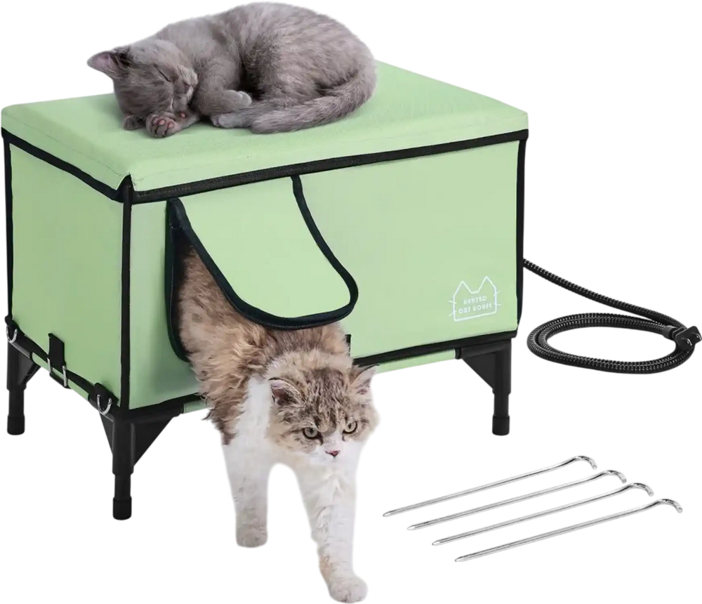 VEVOR Elevated Heated Cat House, Cuboid Kitty Shelter with Adjustable Temperature and Timer, 900D Oxford Cloth Foldable Cat Shelter with Heated Pad  for Winter to Stay Warm and Cozy, Green (Middle)