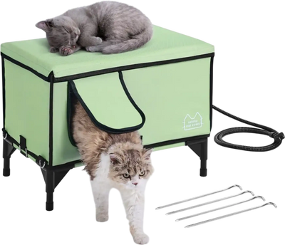 Vevor Cat House Elevated Heated Outdoor Shelter with 30W Pad Green Medium New