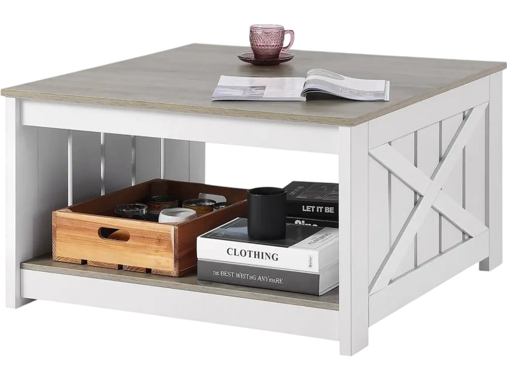 VEVOR 31.5" Farmhouse Coffee Table, Square Coffee Table with Open Storage Compartment, Wooden Rustic Cocktail Table for Living Room, Bedroom, Apartment, Studio, Gray & White