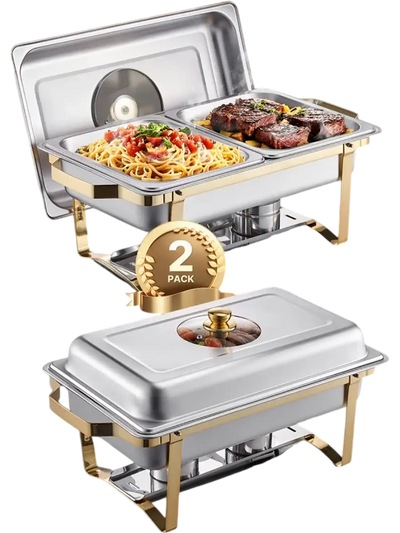 VEVOR Chafing Dish Buffet Set, 4 Qt 2 Pack, Stainless Steel Chafer with 4 Half Size Pans, Rectangle Catering Warmer Server with Glass Lid Water Pan Folding Stand Fuel Holder, for Wedding Party Banquet