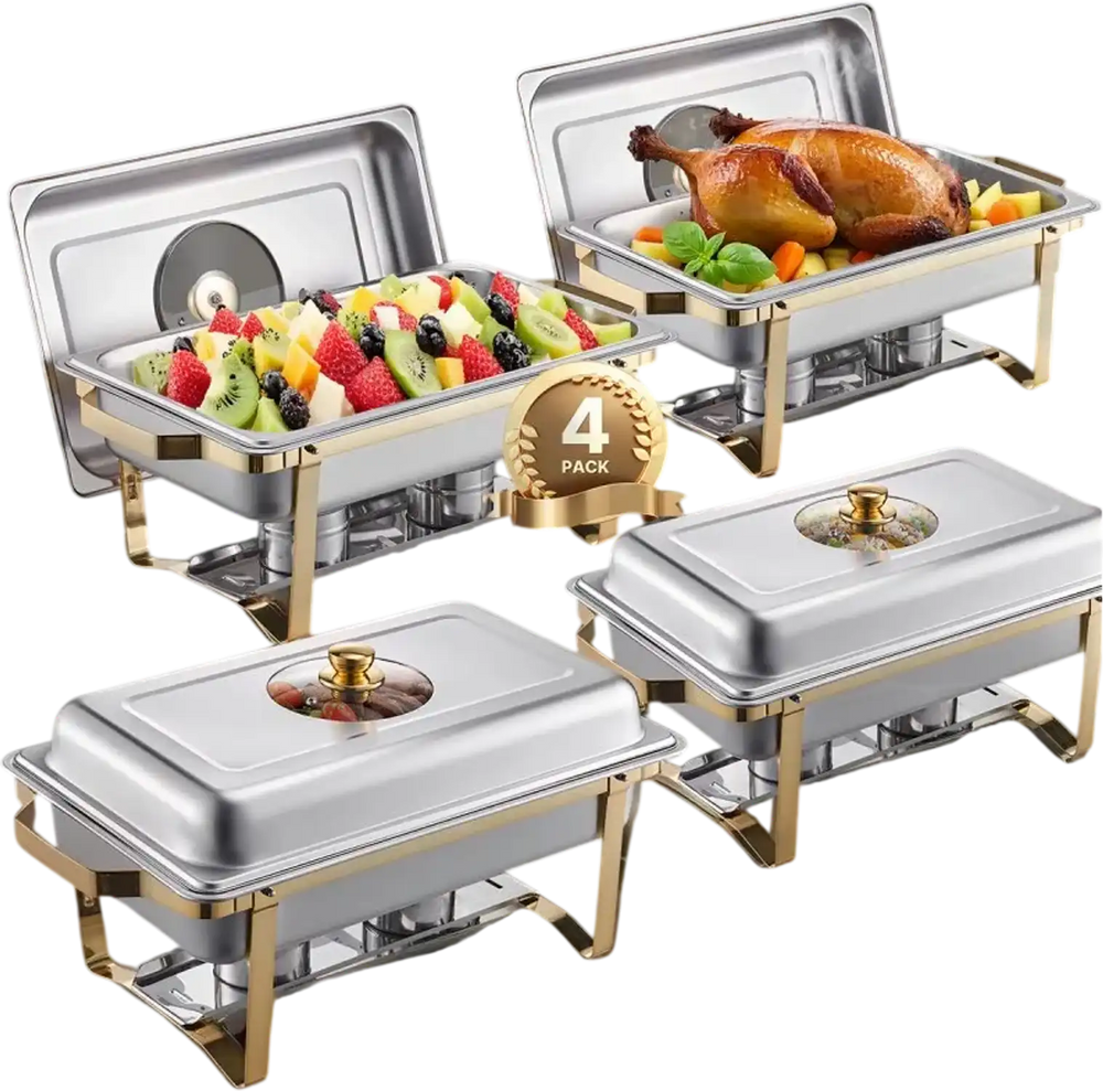 VEVOR Chafing Dish Buffet Set, 8 Qt 4 Pack, Stainless Steel Chafer with 4 Full Size Pans, Rectangle Catering Warmer Server with Glass Lid Water Pan Folding Stand Fuel Holder, for Wedding Party Banquet