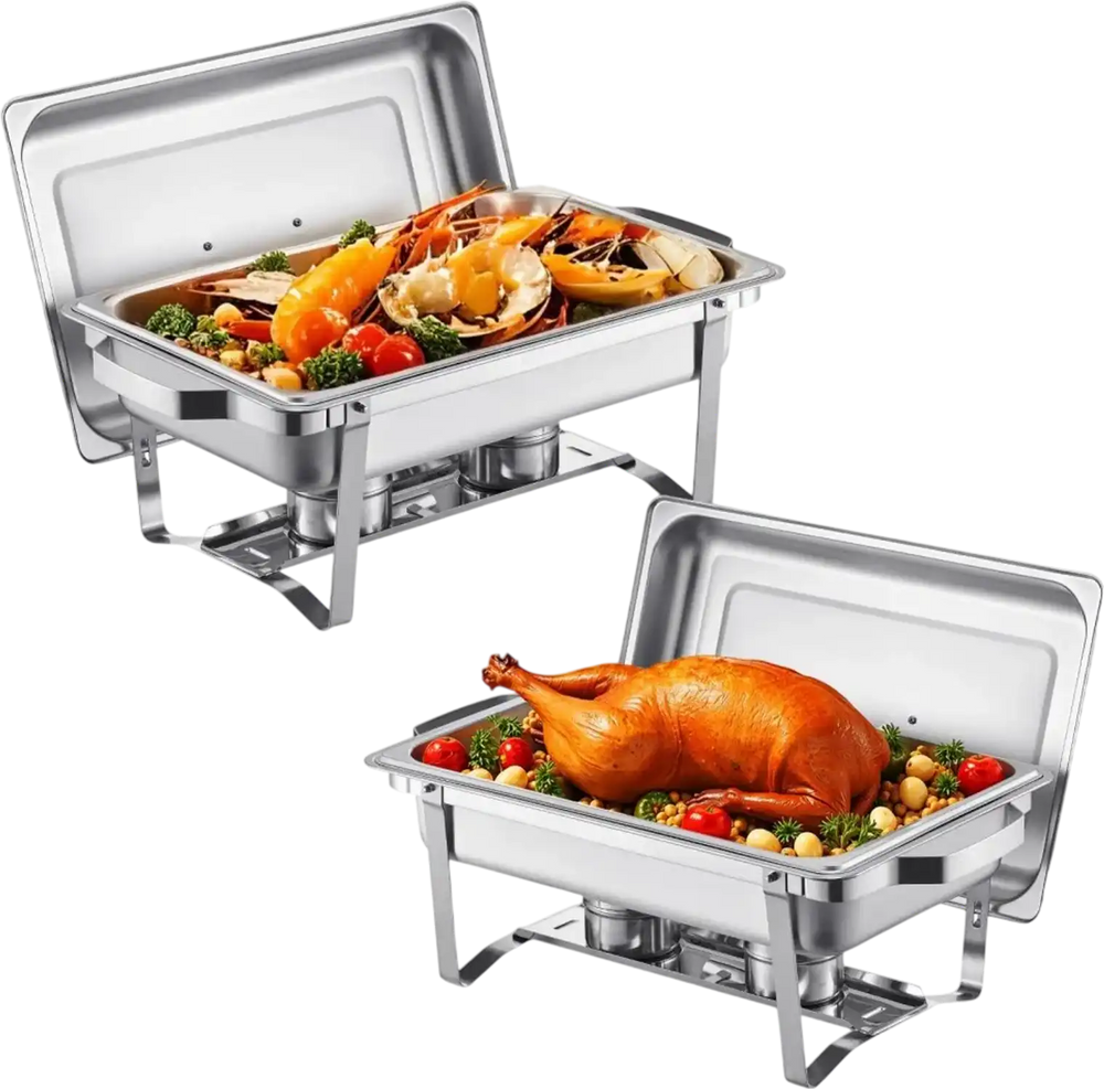 VEVOR Chafing Dish Buffet Set, 8 Qt 2 Pack, Stainless Steel Chafer with 2 Full Size Pans, Rectangle Catering Warmer Server with Lid Water Pan Stand Fuel Holder, for Weddings Parties Banquets, Silver