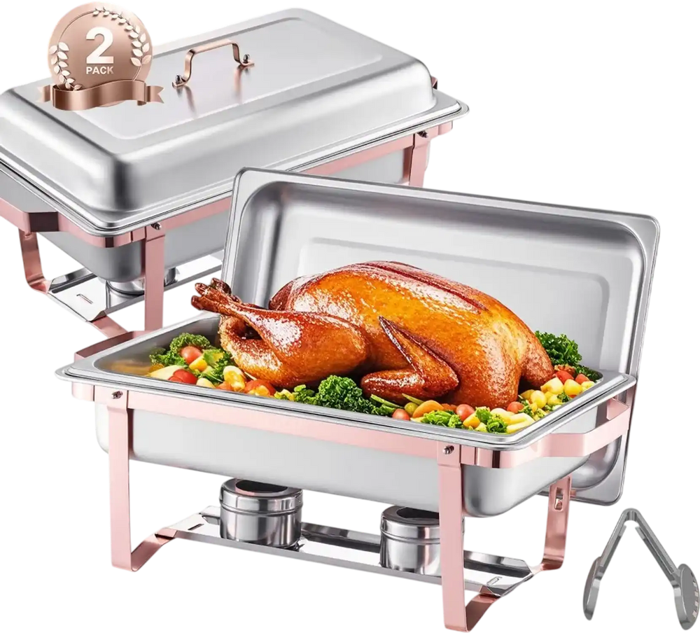 VEVOR Chafing Dish Buffet Set, 8 Qt 2 Pack, Stainless Steel Chafer with 2 Full Size Pans, Rectangle Catering Warmer Server with Lid Water Pan Stand Fuel Holder, for Wedding Party Banquet, Rose Gold