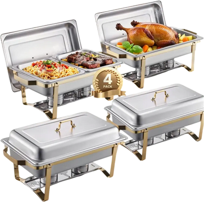 VEVOR Chafing Dish Buffet Set, 8 Qt 4 Pack, Stainless Steel Chafer with 2 Full Size and 4 Half Size Pans, Rectangle Catering Warmer Server with Lid Water Pan Stand, for Weddings Parties Banquets, Gold