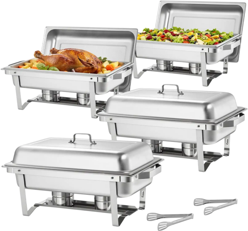 VEVOR Rectangle Chafing Dish, 9 Qt 4 Pack Stainless Steel Chafing Dish, Food Warmer Chafer Complete Set with Hollow Handle, 2 Food Tongs, Lid, Fuel Holder, Chafer Dishes for Banquet Party Wedding