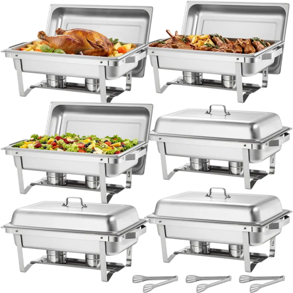 VEVOR Rectangle Chafing Dish, 9 Qt 6 Pack Stainless Steel Chafing Dish, Food Warmer Chafer Complete Set with Hollow Handle, 3 Food Tongs, Lid, Fuel Holder, Chafer Dishes for Banquet Party Wedding