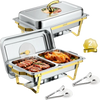 VEVOR 2 Packs Chafing Dishes for Buffet Set, 9QT Stainless Steel Chafer, for Banquet Party Wedding, Rectangle Buffet Server Warmer, 1 Full & 2 Half-Size Pans, Glass Lid, Fuel Holder, Tong, Glass Pad