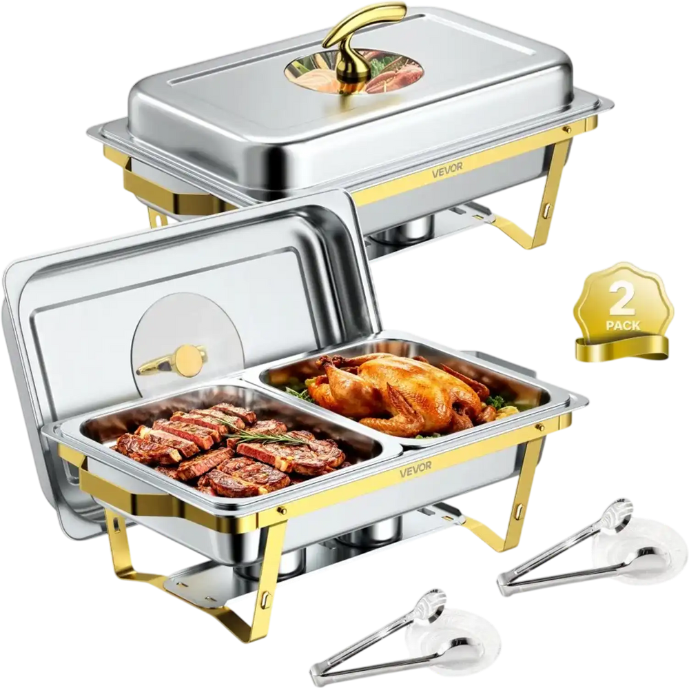 VEVOR 2 Packs Chafing Dishes for Buffet Set, 9QT Stainless Steel Chafer, for Banquet Party Wedding, Rectangle Buffet Server Warmer, 1 Full & 2 Half-Size Pans, Glass Lid, Fuel Holder, Tong, Glass Pad
