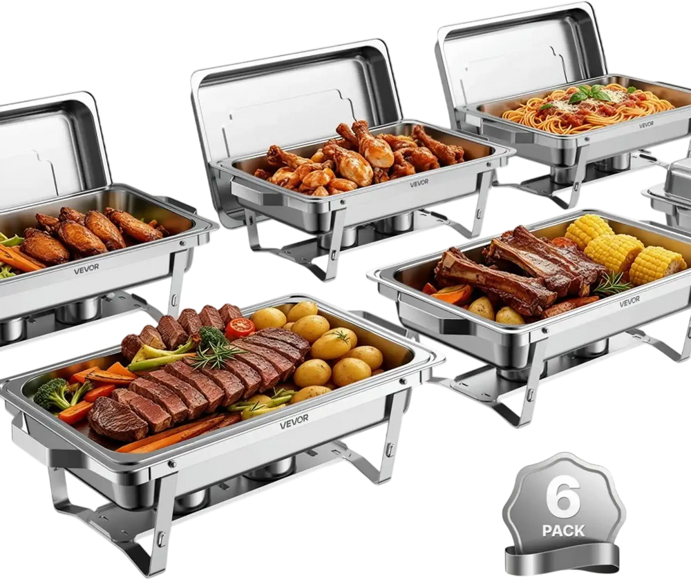 VEVOR 6 Packs Chafing Dishes for Buffet Set, 9QT Stainless Steel Chafer, for Banquet Party Wedding, Rectangle Buffet Server and Warmer, with 6 Full Size Pans, Fuel Holder, and Foldable Stand