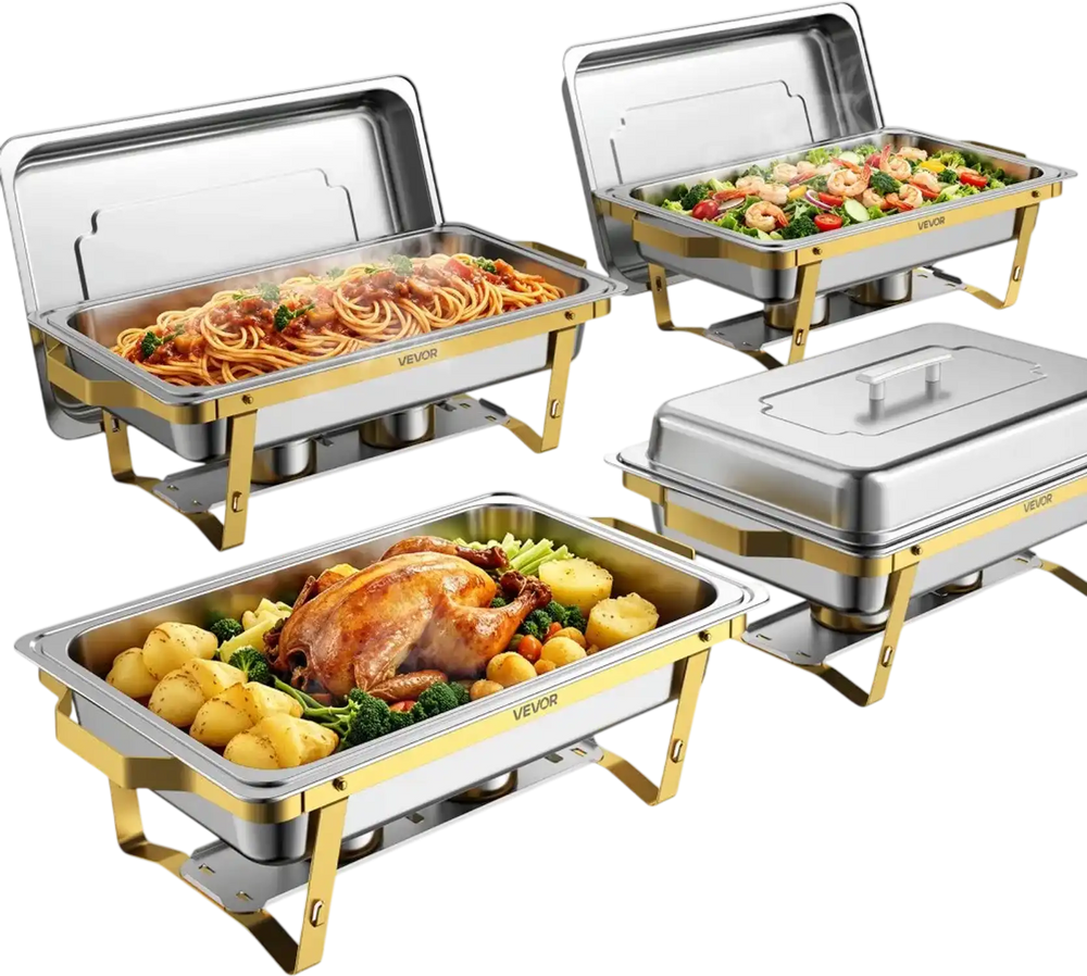 VEVOR 4 Packs Chafing Dishes for Buffet Set, 9QT Stainless Steel Chafer, for Banquet Party Wedding, Rectangle Buffet Server and Warmer, with 4 Full Size Pans, Fuel Holder, and Foldable Stand