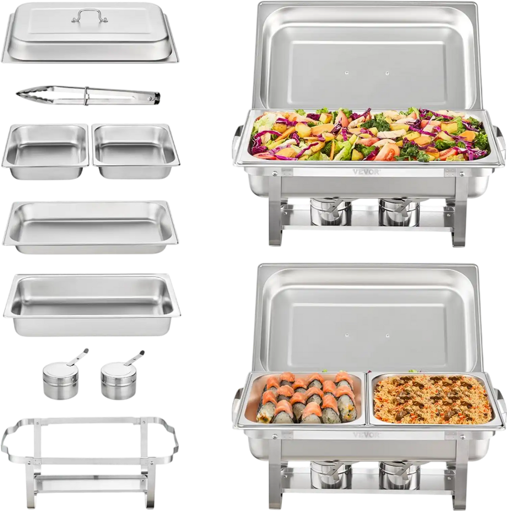 VEVOR Chafing Dish Buffet Set, 8 Qt 2 Pack, Stainless Chafer with 2 Full & 4 Half Size Pans, Rectangle Catering Warmer Server with Lid Water Pan Folding Stand Fuel Tray Holder Clip, at Least 8 People