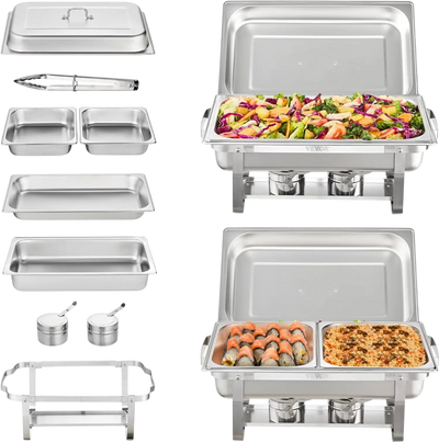 VEVOR Chafing Dish Buffet Set, 8 Qt 2 Pack, Stainless Chafer with 2 Full & 4 Half Size Pans, Rectangle Catering Warmer Server with Lid Water Pan Folding Stand Fuel Tray Holder Clip, at Least 8 People