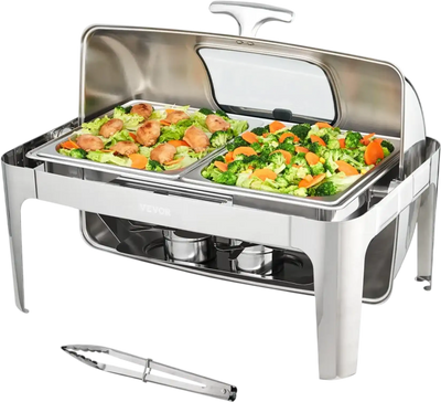 VEVOR Roll Top Chafing Dish Buffet Set, 9 Qt, Stainless Steel Chafer with 2 Half Size Pans, Rectangle Catering Warmer Server with Visible Lid Water Pan Stand Fuel Holder Clip, for at Least 9 People