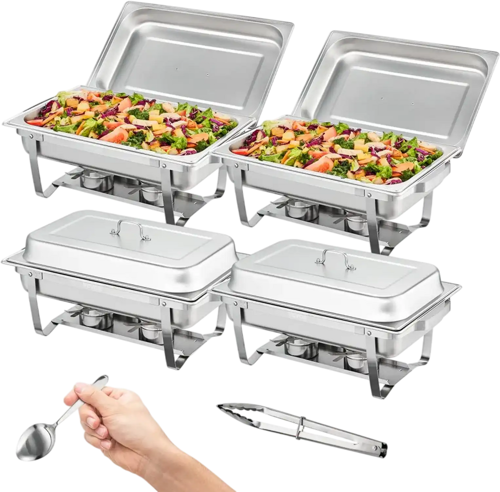 VEVOR Chafing Dish Buffet Set, 8 Qt 4 Pack, Stainless Chafer with 4 Full Size Pans, Rectangle Catering Warmer Server with Lid Water Pan Folding Stand Fuel Tray Holder Spoon Clip, at Least 8 People Eac