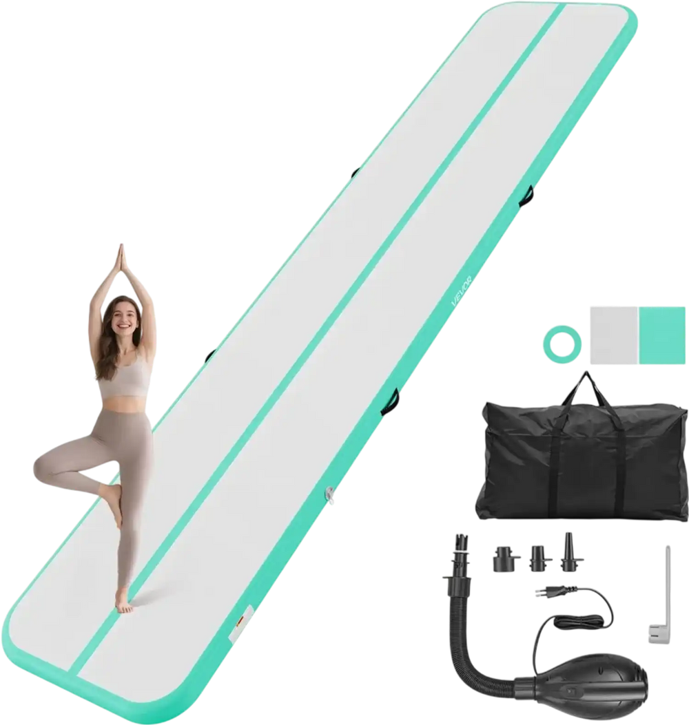 VEVOR Inflatable Gymnastics Air Mat 16.4 ft Training Mats w/ Electric Pump, 4 inches Thick Sturdy Tumble Track, Tumbling Mat for Home Use/Gym/Outdoor/Yoga/Cheerleading/Beach/Park/Water, Mint Green