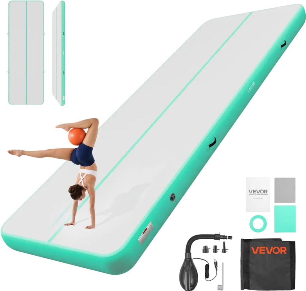 VEVOR Inflatable Gymnastics Air Mat 20 ft Training Mats w/ Electric Pump, 8 inches Thick Sturdy Tumble Track, Tumbling Mat for Home Use/Gym/Outdoor/Yoga/Cheerleading/Beach/Park/Water, Mint Green