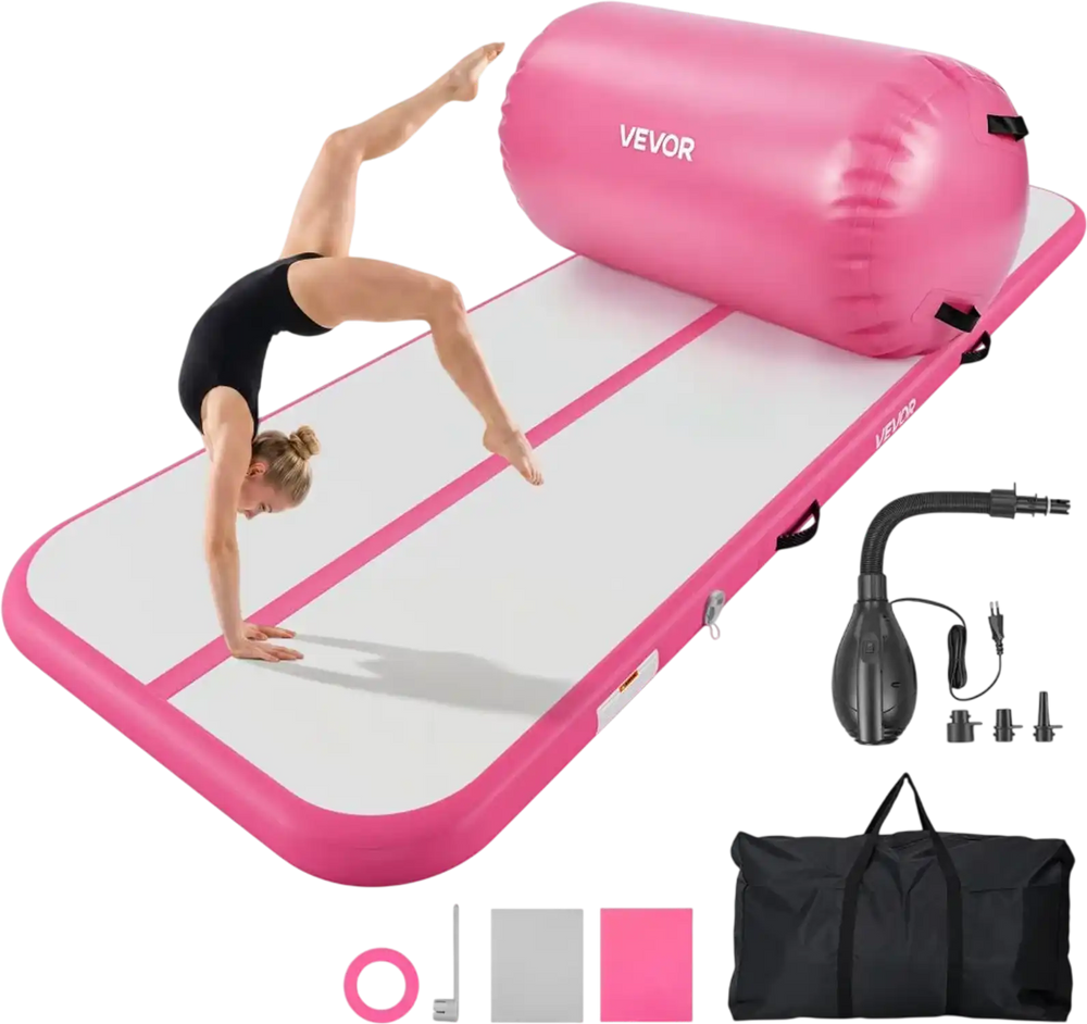 VEVOR Inflatable Gymnastics Air Mat with Air Barrel 10 ft Training Mats, 4 inches Thick Sturdy Tumble Track with Electric Pump, Tumbling Mat for Home Use/Gym/Outdoor/Yoga/Cheerleading, Pink