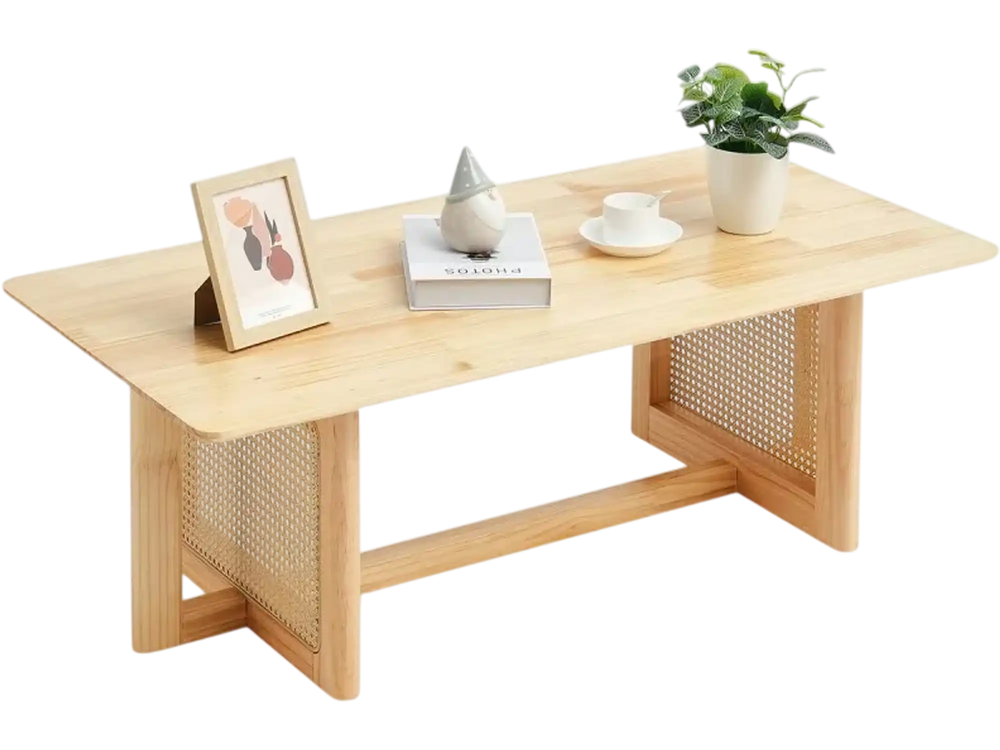 VEVOR Rattan Coffee Table, Rectangle Rattan Woven Wood Coffee Table with Rubber Wood Top, 47-Inch Modern Boho Storage Coffee Table with Natural Wood Legs, for Living Room, Bedroom & Small Spaces