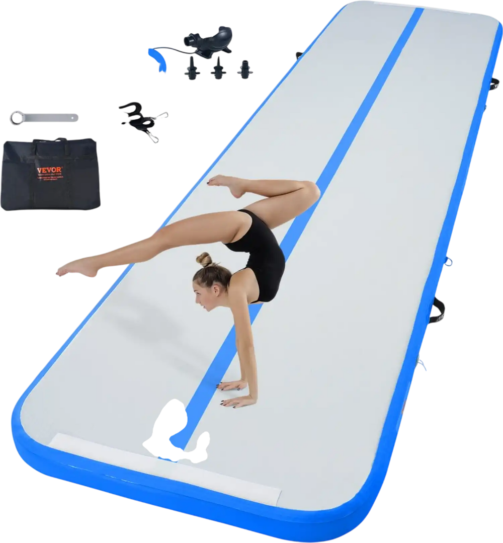 VEVOR Gymnastics Air Mat, 4 inch Thickness Inflatable Gymnastics Tumbling Mat, Tumble Track with Electric Pump, Training Mats for Home Use/Gym/Yoga/Cheerleading/Beach/Park/Water, 13 ft, Blue