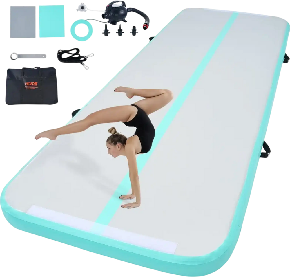 VEVOR Gymnastics Air Mat, 4 inch Thickness Inflatable Gymnastics Tumbling Mat, Tumble Track with Electric Pump, Training Mats for Home Use/Gym/Yoga/Cheerleading/Beach/Park/Water, 10 ft, Mint Green