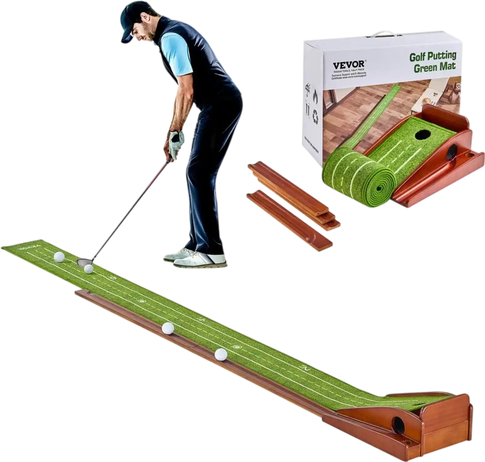 VEVOR Golf Putting Mat, 1 Hole Indoor Golf Putting Green, Wrinkle-Free Golf Training Aid, Mini Golf Accessory with Auto-Ball Return, Alignment Guide, and Wood Base, Game Practice Gift for Home Office