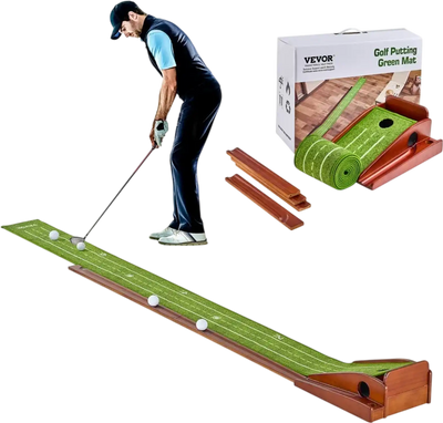 VEVOR Golf Putting Mat, 1 Hole Indoor Golf Putting Green, Wrinkle-Free Golf Training Aid, Mini Golf Accessory with Auto-Ball Return, Alignment Guide, and Wood Base, Game Practice Gift for Home Office
