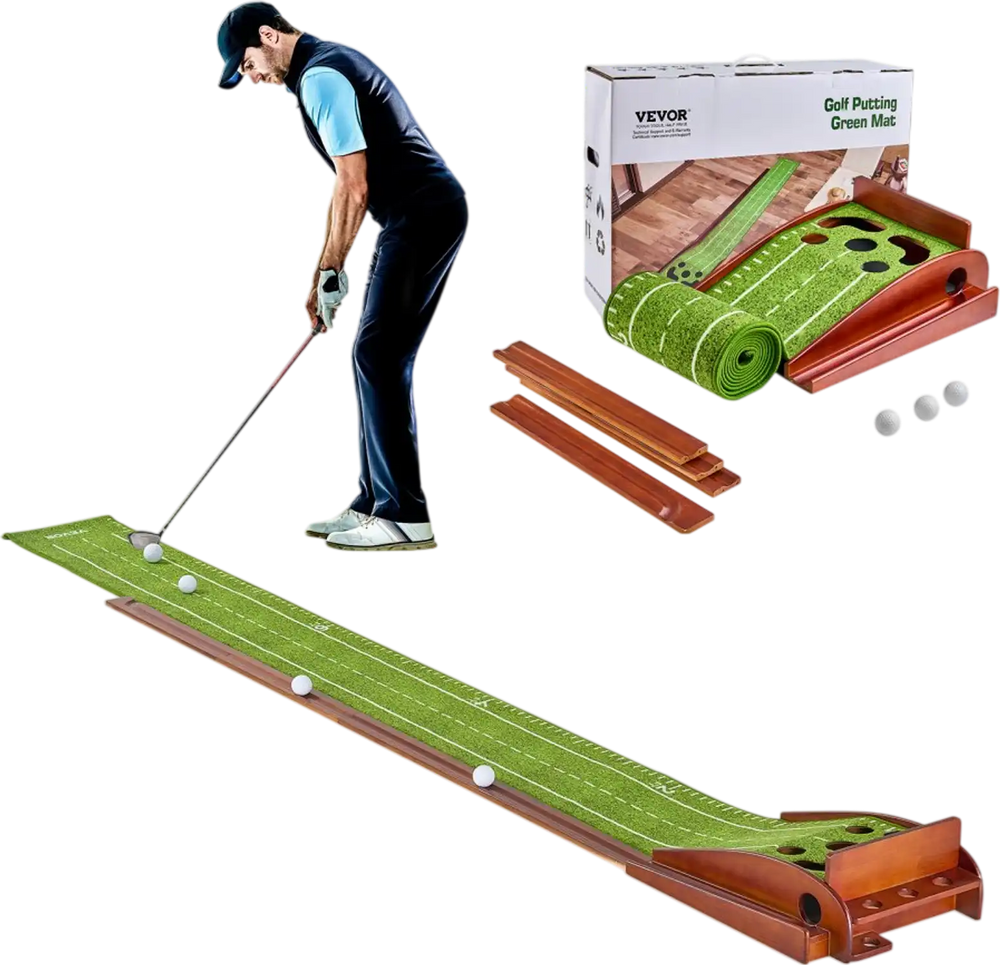 VEVOR Golf Putting Mat, 5 Hole Indoor Golf Putting Green, Wrinkle-Free Golf Training Aid, Mini Golf Set  with Auto-Ball Return, Alignment Guide, 3 Ball, Wood Base, Game Practice Gift for Home Offic