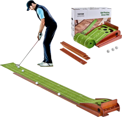 VEVOR Golf Putting Mat, 5 Hole Indoor Golf Putting Green, Wrinkle-Free Golf Training Aid, Mini Golf Set  with Auto-Ball Return, Alignment Guide, 3 Ball, Wood Base, Game Practice Gift for Home Offic