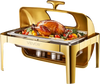 VEVOR Roll Top Chafing Dish Buffet Complete Set, 9Qt Stainless Steel Chafer with Full Size Pan, Rectangle Catering Warmer Server with Visible Lid Water Pan Folding Stand Fuel Holder Meal Clip, Gold