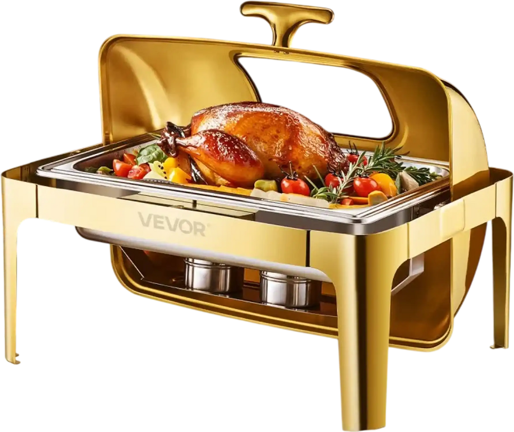 VEVOR Roll Top Chafing Dish Buffet Complete Set, 9Qt Stainless Steel Chafer with Full Size Pan, Rectangle Catering Warmer Server with Visible Lid Water Pan Folding Stand Fuel Holder Meal Clip, Gold