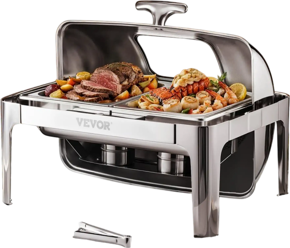VEVOR Roll Top Chafing Dish Buffet Complete Set, 9 Qt 1 Pack Stainless Steel Chafer with 2 Half Size Pans, Rectangle Catering Warmer Server with Visible Lid Water Pan Folding Stand Fuel Holder, Silver