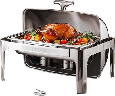 VEVOR Roll Top Chafing Dish Buffet Complete Set, 9Qt Stainless Steel Chafer with Full Size Pan, Rectangle Catering Warmer Server with Lid Water Pan Folding Stand Fuel Holder Meal Clip, Silver