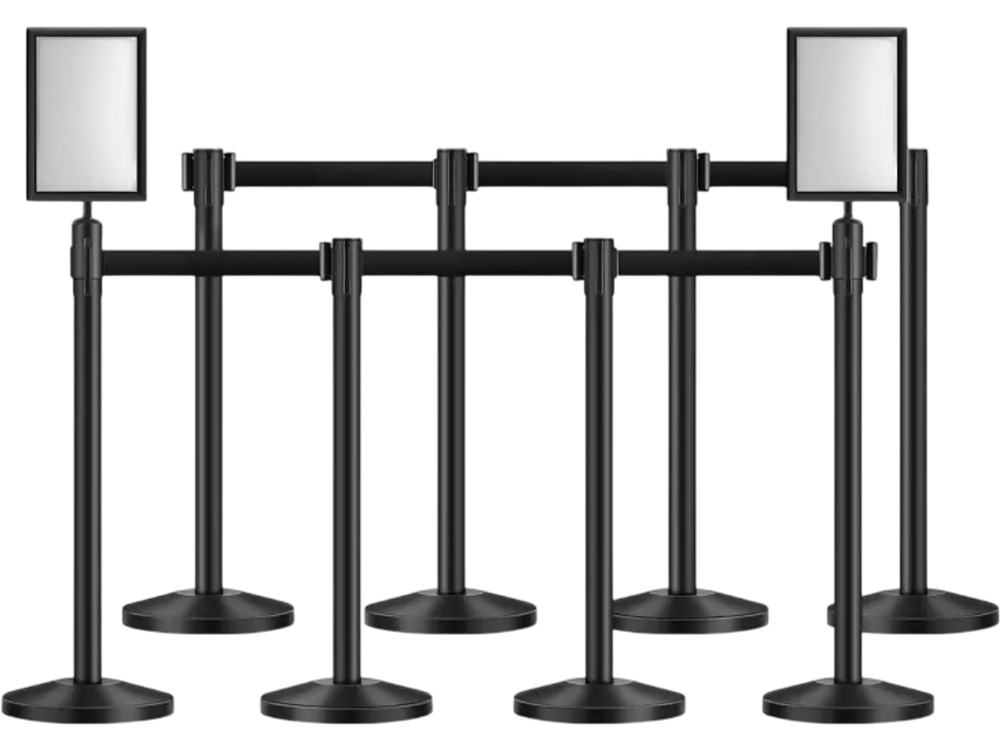 VEVOR Stanchion Post, 8 Pcs Stanchions with Retractable Belts, Carbon Steel Black Stanchions Queue with Sand Injection Hollow Base, Crowd Control Barriers for Theaters, Parties, Weddings, Exhibitions