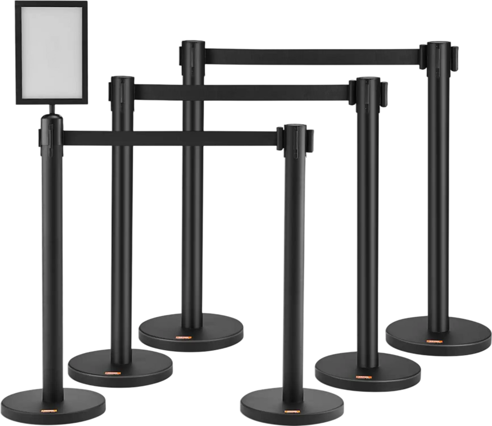 VEVOR Crowd Control Stanchions, 6-Pack Crowd Control Barriers, Carbon Steel Baking Painted Stanchion Queue Post with Sign Holder & 3PCS 6.5FT Retractable Belt, Belt Barrier Line Divider, Easy Assembly