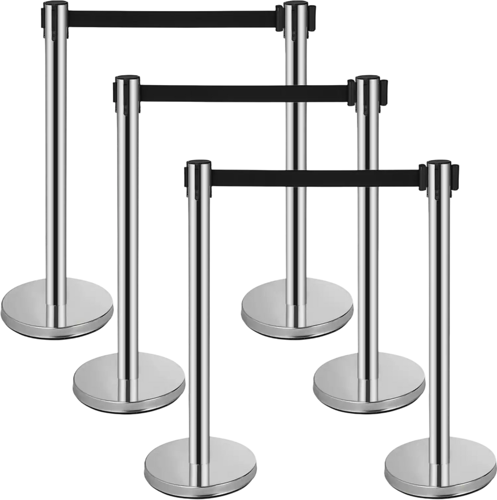 VEVOR Crowd Control Stanchion, 6-Pack Crowd Control Barrier, Carbon Steel Baking Painted Stanchion Queue Post with 3CS Retractable Belt & Fillable Base, Belt Barrier Line Divider, Easy Assembly